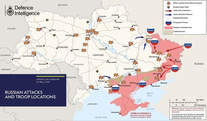 Мапа війни в Україні станом на 23 травня 2022 року.