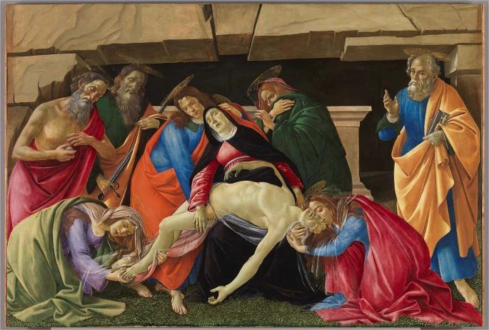 Робота Боттічеллі "Оплакування мертвого Христа" виконана переважно темперою.