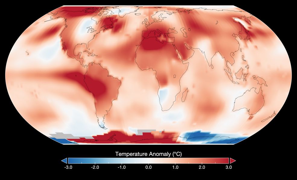 NASA вважає липень 2023 року найспекотнішим місяцем за всю історію спостережень з 1880 року. (Ця карта показує глобальні температурні аномалії за липень 2023 року згідно з аналізом GISTEMP, проведеним вченими з Інституту космічних досліджень імені Го