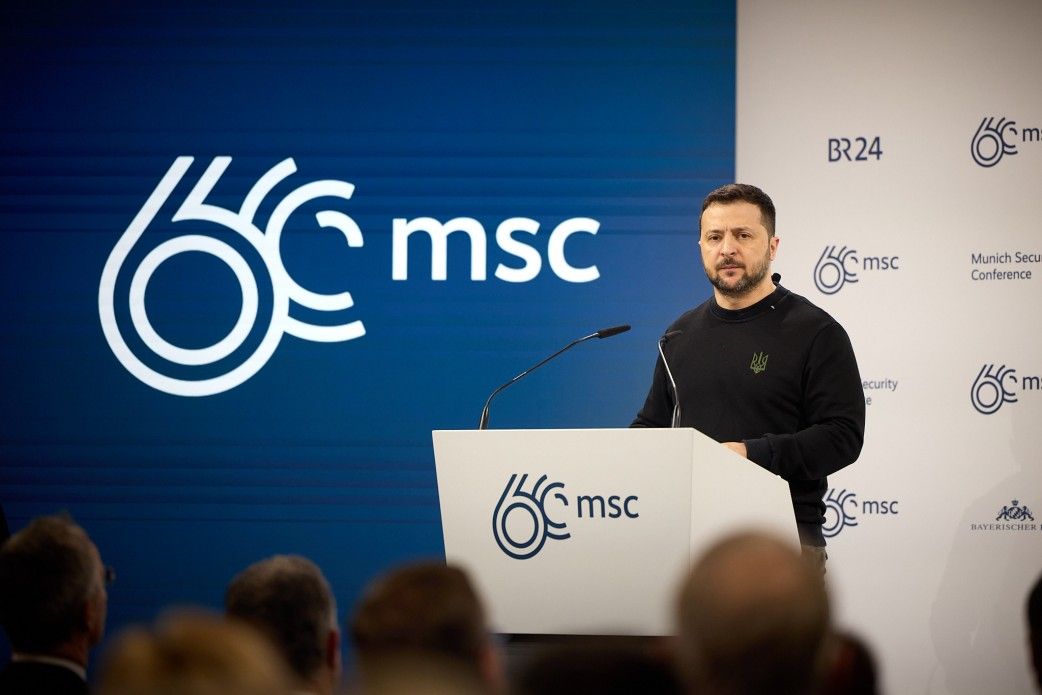 Володимир Зеленський під час виступу на Мюнхенській безпековій конференції.